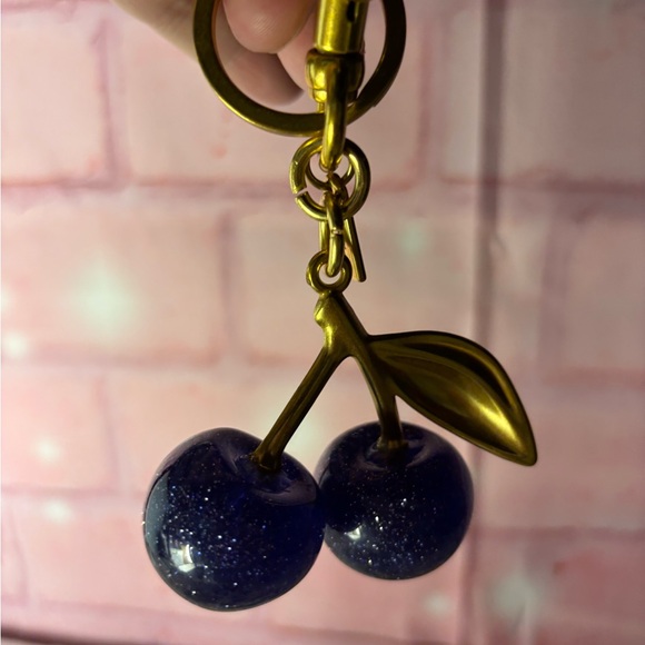 Accessories - Gold-Tone Cherry Keychain with Sparkling Dark Blue Charms